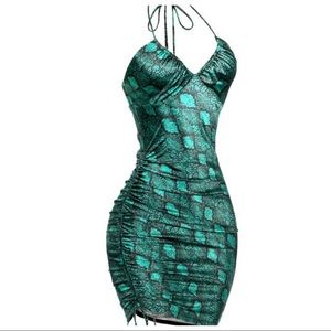 Snake print green satin dress